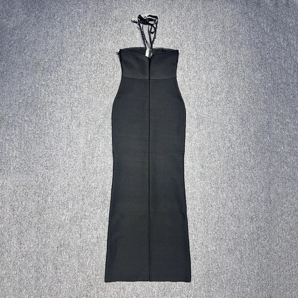 Halter Crystal Strap Keyhole Cutout Column Maxi Gown
