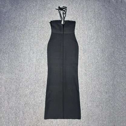 Halter Crystal Strap Keyhole Cutout Column Maxi Gown