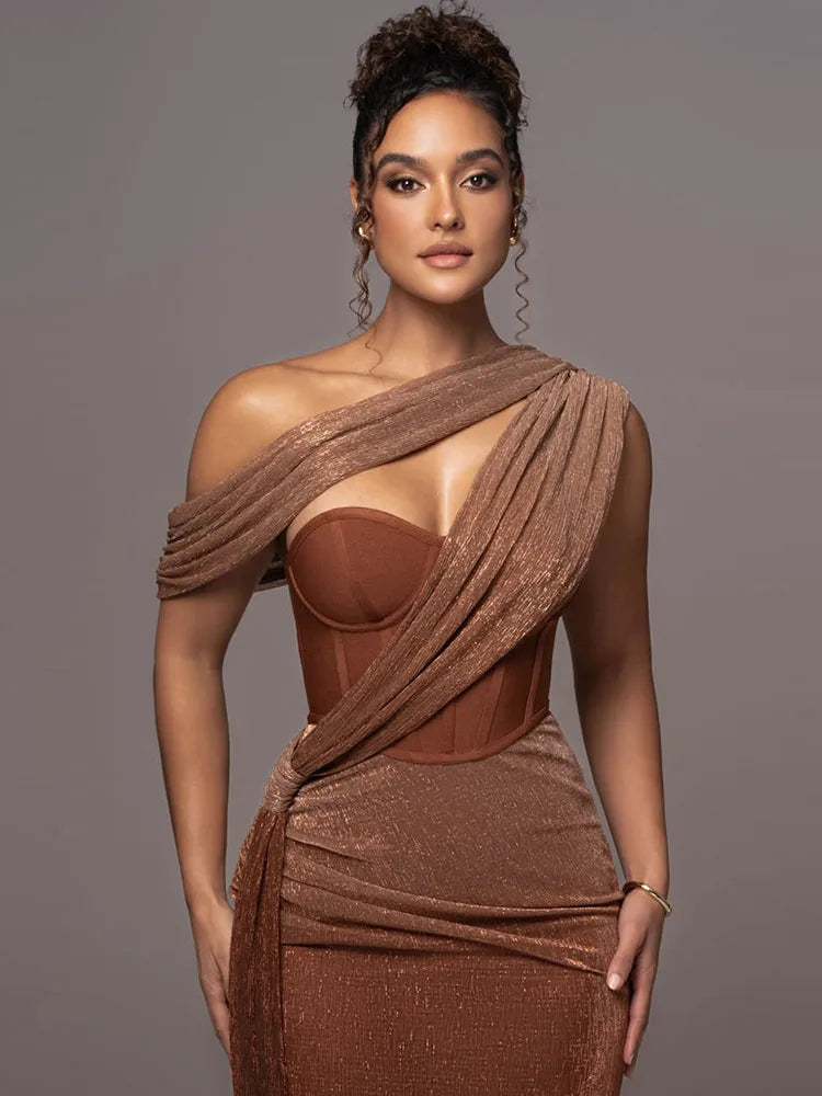 One Shoulder Draped Glitter Corset Maxi Gown