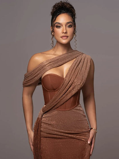 One Shoulder Draped Glitter Corset Maxi Gown