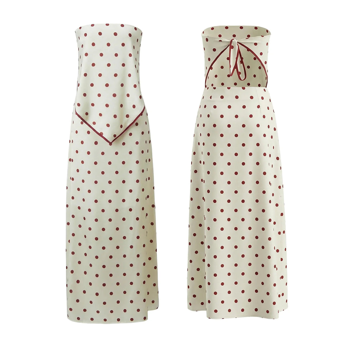 Women Satin 2Piece Skirt Sets Summer Trendy Polka Dot Outfit Y2k Strapless Tube Top + Maxi Skirt Silky Going Out Set