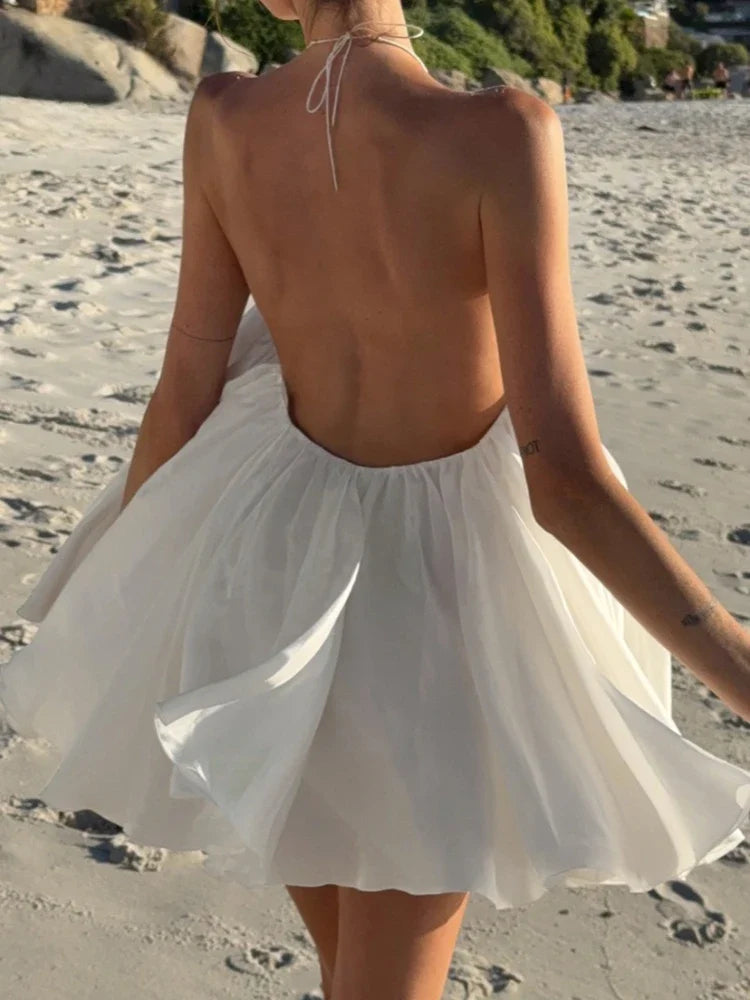 Sexy Beach Party Chiffon Dress Women Elegant White 3d Floral Metal Halter Sleeveless Backless A Line Short Summer Dress