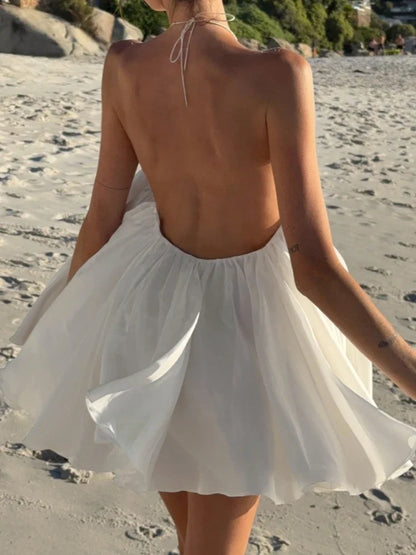 Sexy Beach Party Chiffon Dress Women Elegant White 3d Floral Metal Halter Sleeveless Backless A Line Short Summer Dress