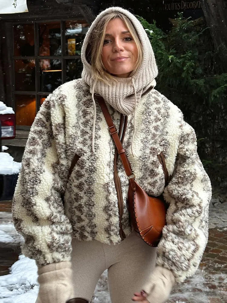 Vintage Plush Printed Jackets Women Casual Warm Zipper Stand Collar Short Coats Female New Spring Winter Chic Street Outwear