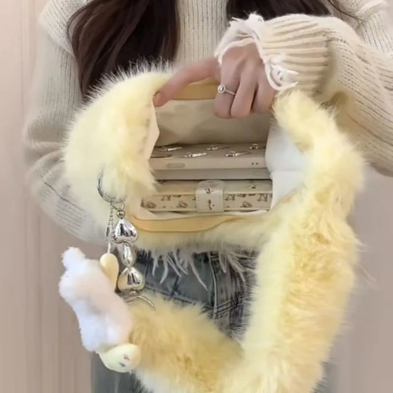 New Korean Plush Shoulder Bag Women's Zipper Large Capacity Crossbody Bag Cute Japanese Splicing Girl's Bag