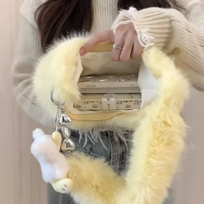 New Korean Plush Shoulder Bag Women's Zipper Large Capacity Crossbody Bag Cute Japanese Splicing Girl's Bag