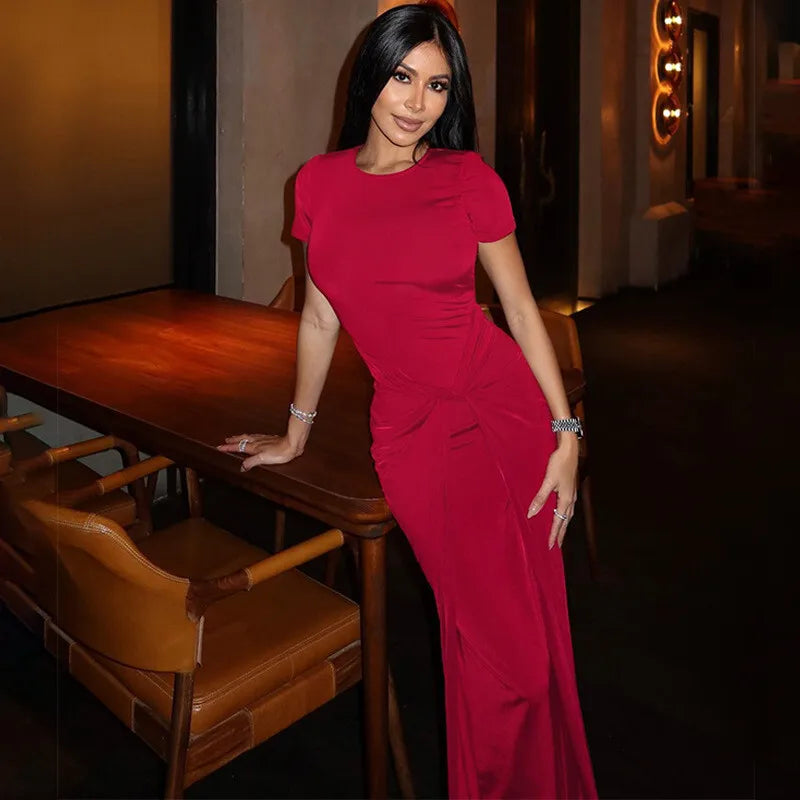 Twist Front Knot Crew Neck Short Sleeve Ruched Bodycon Maxi Dress