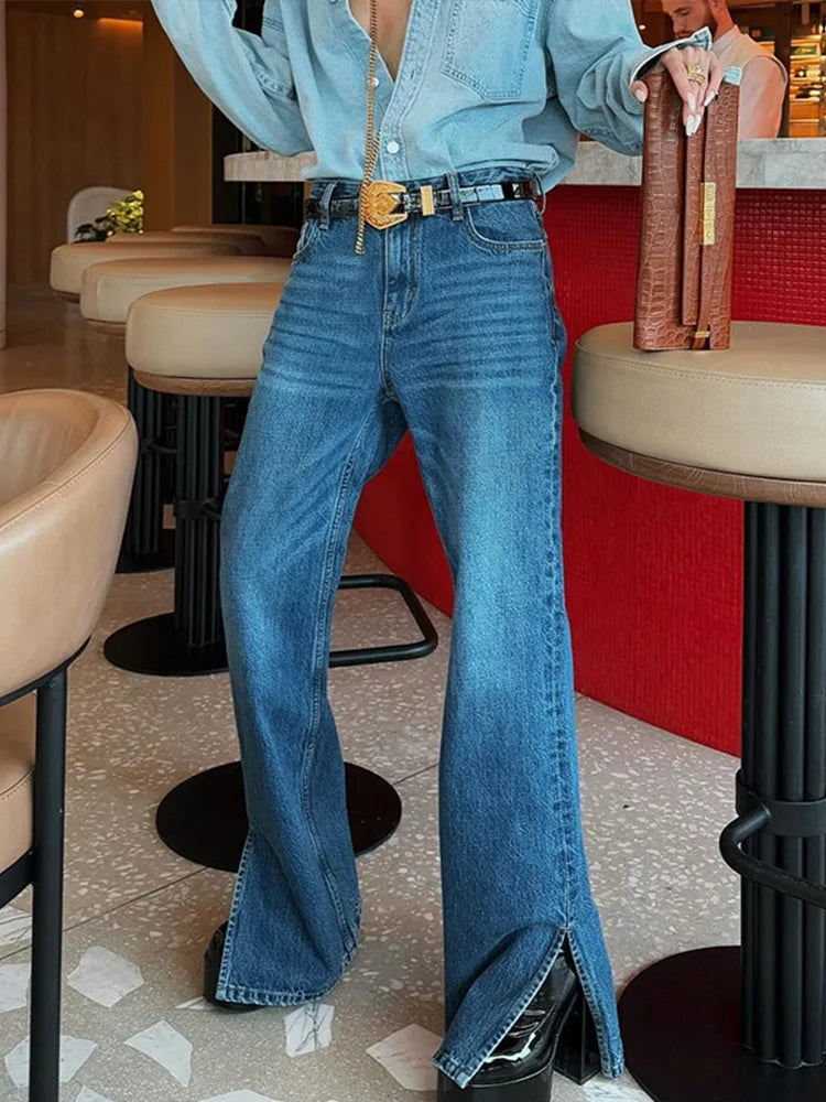 Versatile Straight Side Split Denim Pants Women Casual Light Flared High Waist Long Jeans Female Spring Winter Chic Street Pant