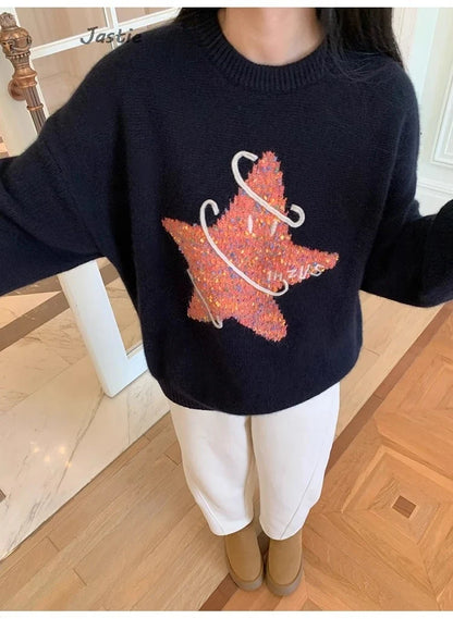 Creative Star Jacquard Cute Christmas Sweater 2025 New Round Neck Fashion Women Winter Pullover Top