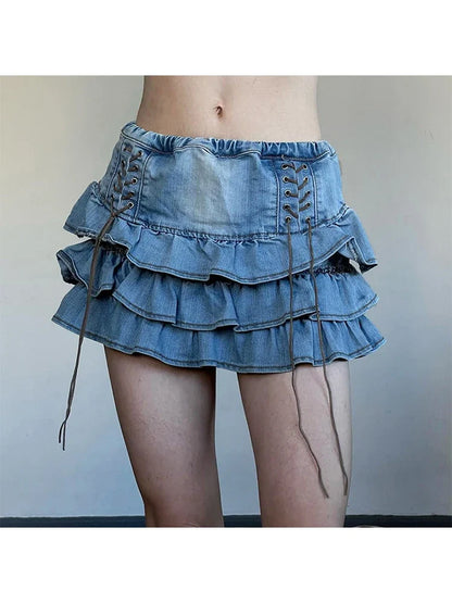 Summer Women Korean Low Rise Gothic Mini Denim Tierred Ruffles Skirt Gyaru Harajuku 2000s Coquette Y2k Streetwear Kpop Chic Goth