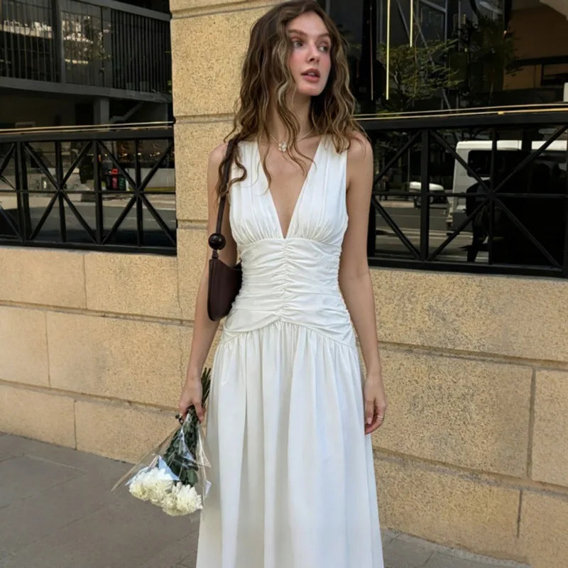 Women's White Maxi Dresses Sexy V-Neck Ruched Patchwork Backless Dress New Summer Elegant Women's Party Dress Vestidos