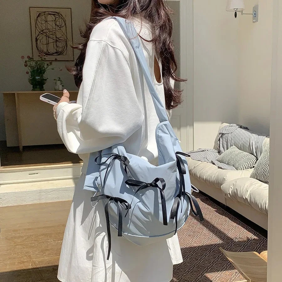 Sweet Girls Bowknot Nylon Shoulder Women Bag Korean Niche Design Bow Summer Travel Beach Bag Female Totes Bags for Women Handbag