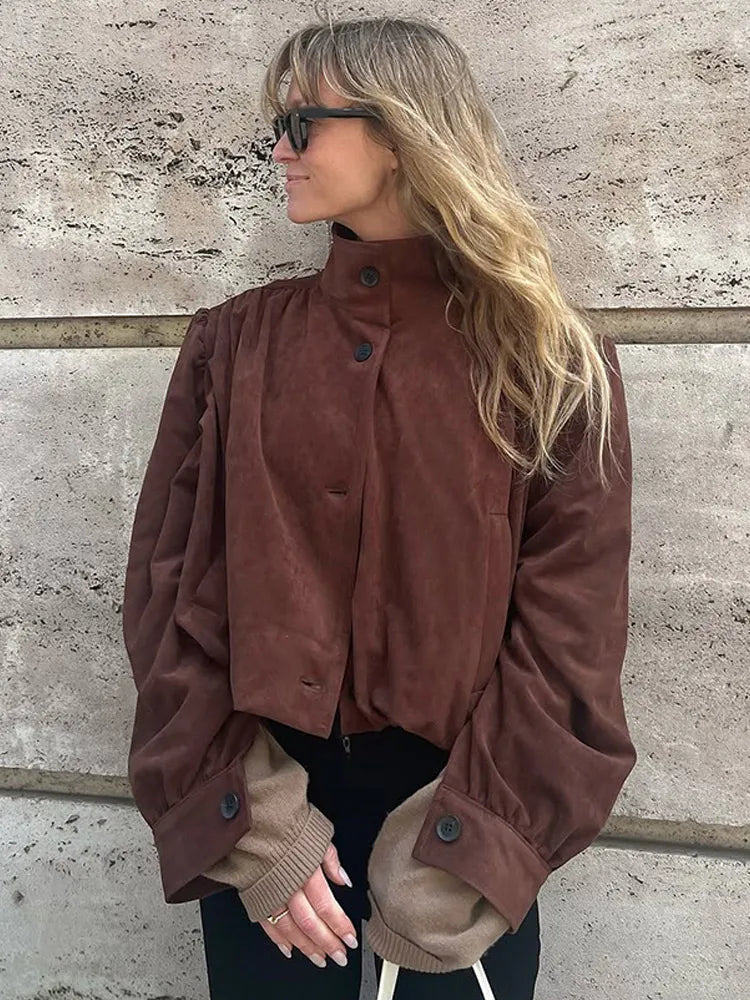 Retro Brown Suede Short Jacket Elegant Women Stand Collar Full Sleeves Single Breasteds Loose Coats Autumn Chic Lady Street Wear