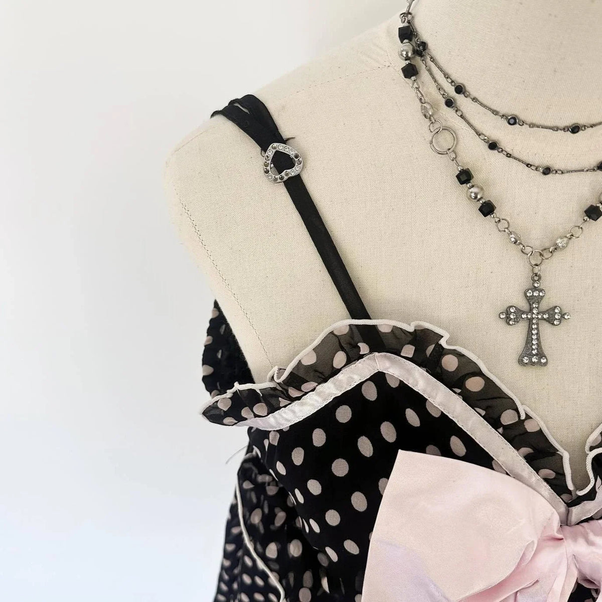 Off Shoulder Sweet Fresh Europe Sling Vest Panelled Bow Slim Waist Ruffles Tanks Unique Polka Dot All-match Elegant Y2K Camis