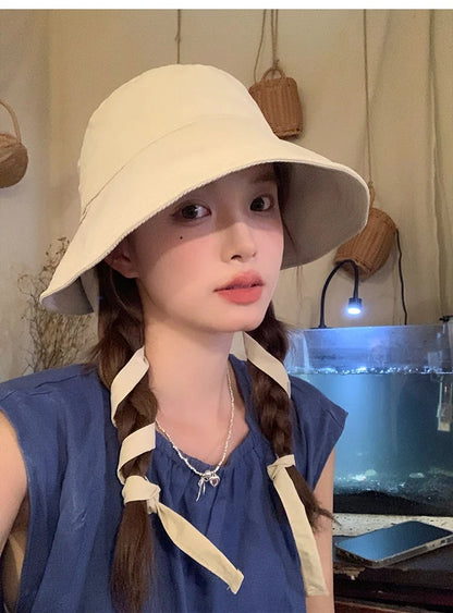 Korean Retro Red Strap Bucket Hats Summer Travel Versatile Sunscreen Show Face Small Sweet Beautiful Women's Caps