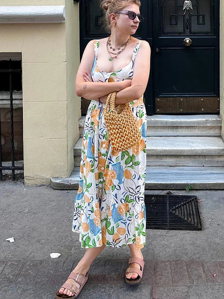 Elegant Flower Print Midi Dresses Women Off Shoulder Sleeveless Backless Lady Long Dress 2024 Summer Fashion Sexy Party Dresses