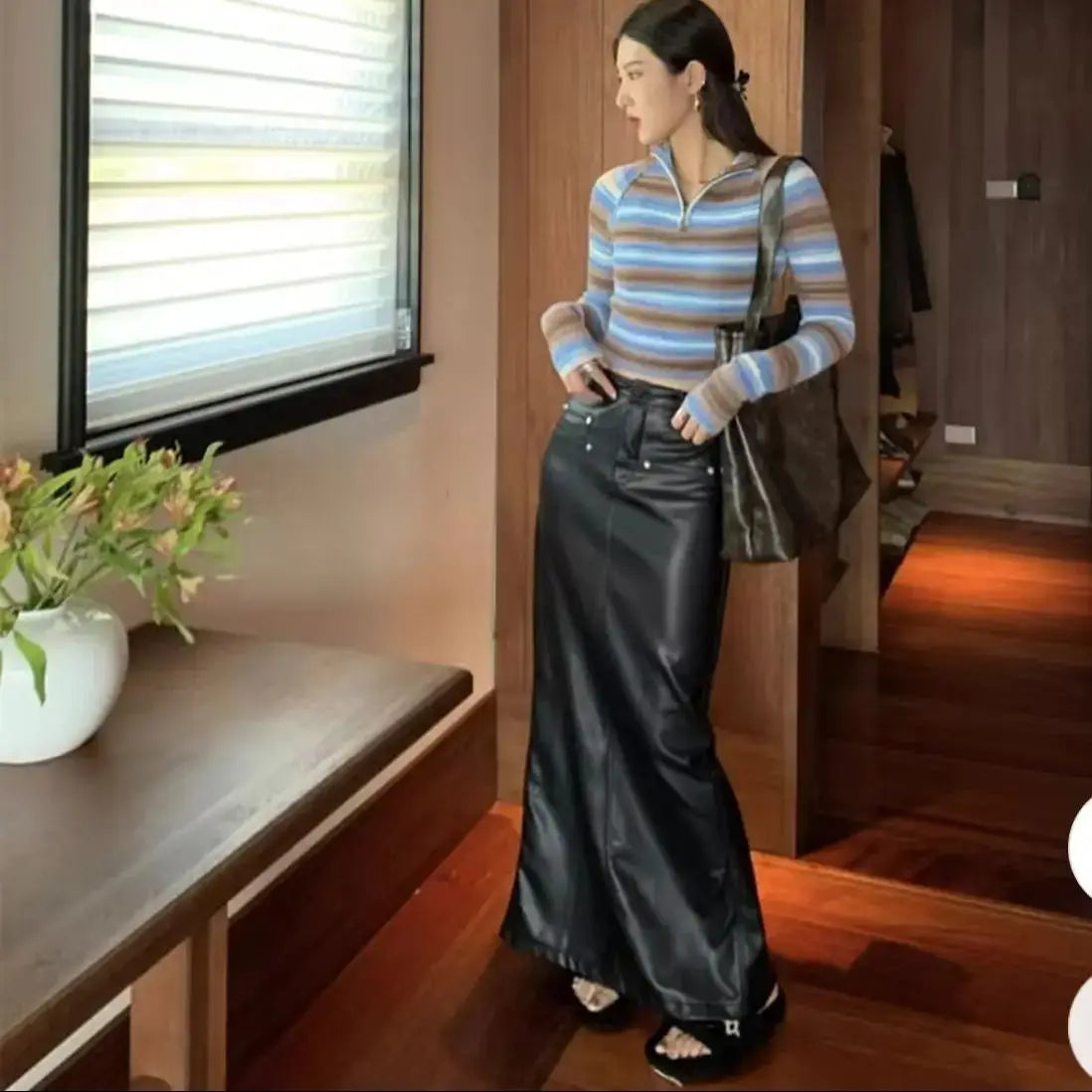 Sexy Black Back Slit PU Leather Pencil Skirt With Belt Women Package Hips Maxi Long Skirts