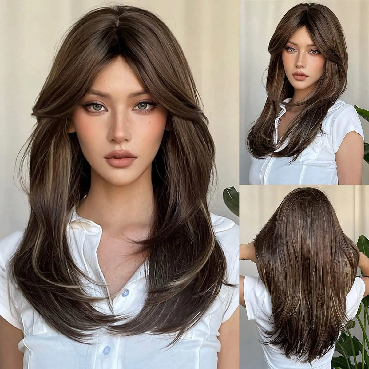 Black Highlight Rose Red Wig With Curtain Bangs 18inch Natural Layered Straight Synthetic Wig For Women Christmas Party Cosplay