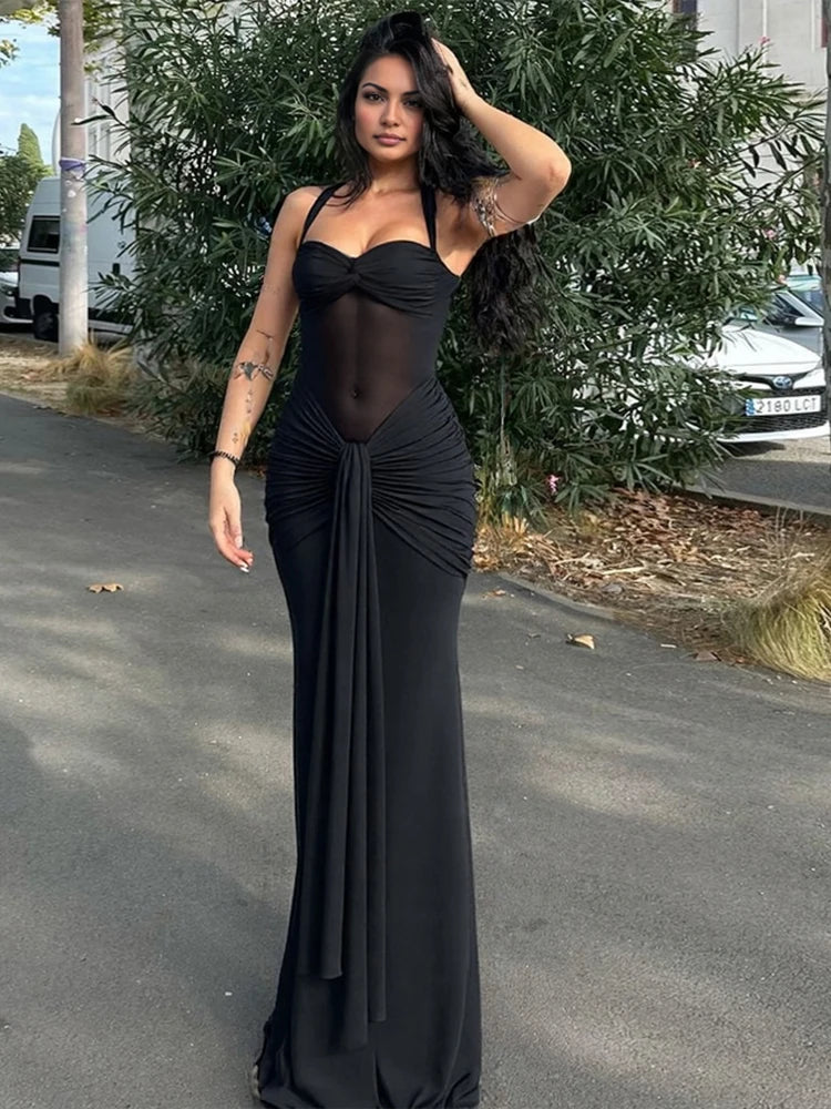 Puss Mesh Patchwork Dress Women Summer Trend Halter Off Shoulder Backless Ruched Ribbon Midnight Prom Party Hipster Dress