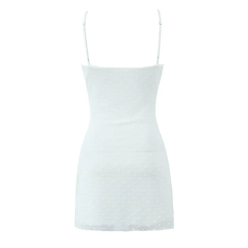 Flocking Dot White Mini Sling Dress For Women Sexy Thin Straps V Neck A-line Summer Mesh Dresses Holiday Short Robe