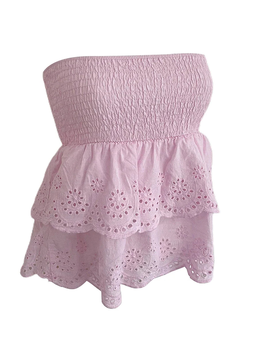 Women s Stylish Off-Shoulder Crop Tops with Ruffle Trim and Smocked Waistband for Casual Summer Outfits