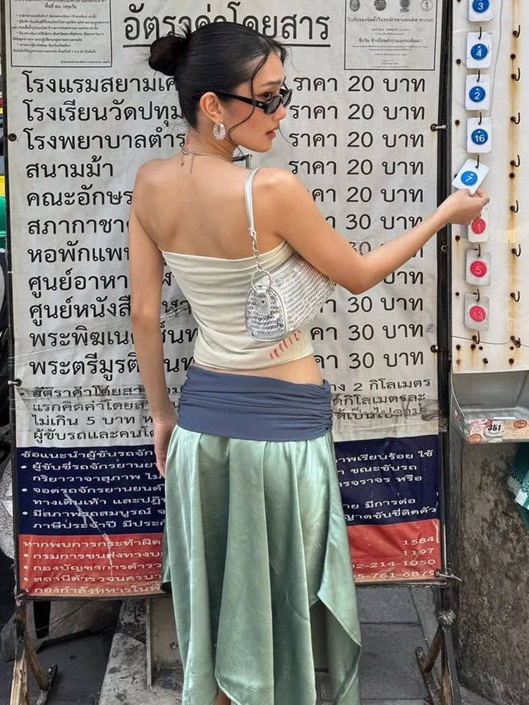 Sexy Vacation Style 2 Piece Set Woman Star Print Wrap Chest Backless Tank Tops+Color Blocking Long Skirts Streetwear