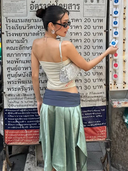 Sexy Vacation Style 2 Piece Set Woman Star Print Wrap Chest Backless Tank Tops+Color Blocking Long Skirts Streetwear