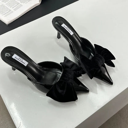 Sexy Bowknot Women Slippers Pointed Toe Stiletto Low Heels Mules Slides Party Dress Summer Shoes