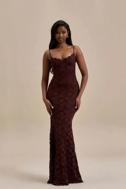 Sweetheart Spaghetti Strap Floral Lace Bustier Mermaid Maxi Gown