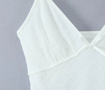 Flocking Dot White Mini Sling Dress For Women Sexy Thin Straps V Neck A-line Summer Mesh Dresses Holiday Short Robe