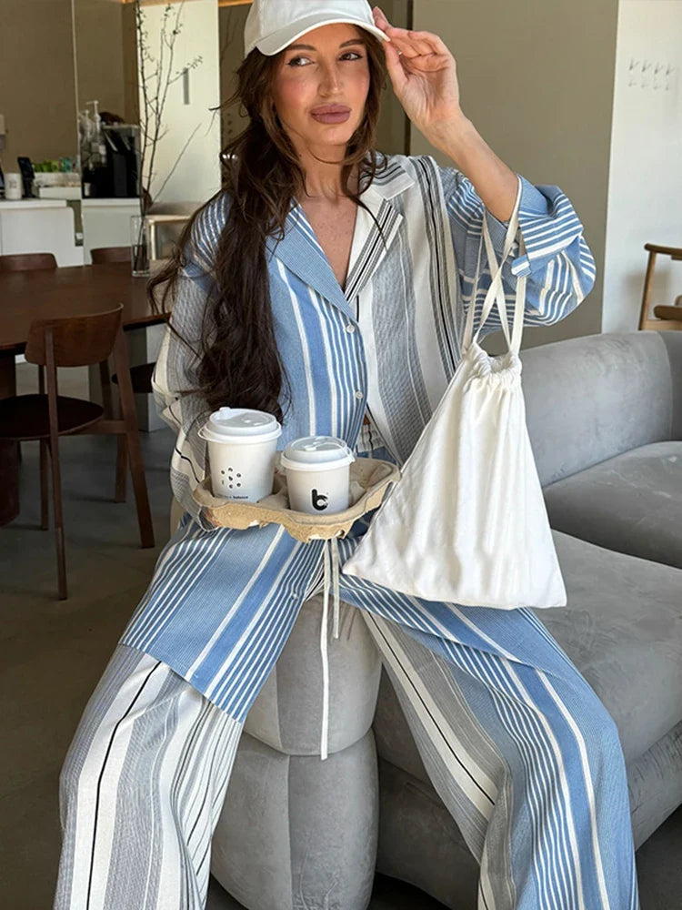 Stripe Loose Women Top Set Wide Leg High Waist Lady Pants Sets 2025 Fashion Contrasted Long Sleeve Turn-Down Collar Female Suit