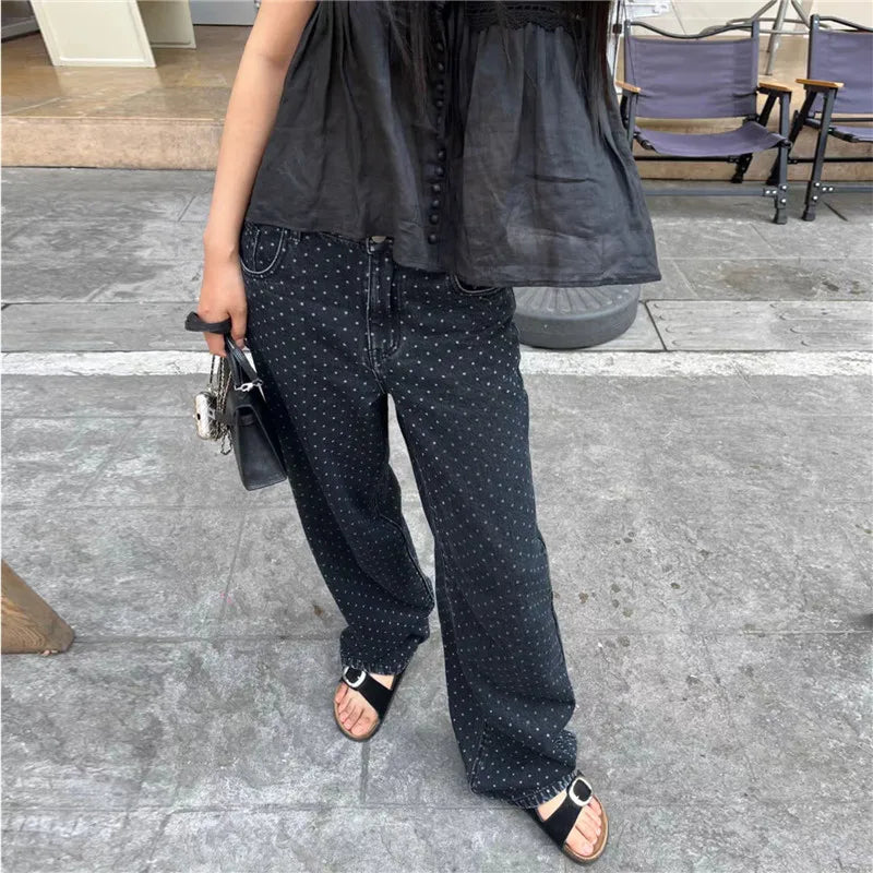 Women's Y2K Polka Dot Wide Leg Jeans High Waist Loose Fit Baggy Denim Pants Retro Vintage Streetwear Casual Daily Outfit