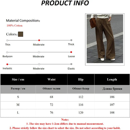 Women's New Wide Leg Pants 100% Cotton Loose Fit Drapey Trendy Waist Autumn Winter Fashion Trousers