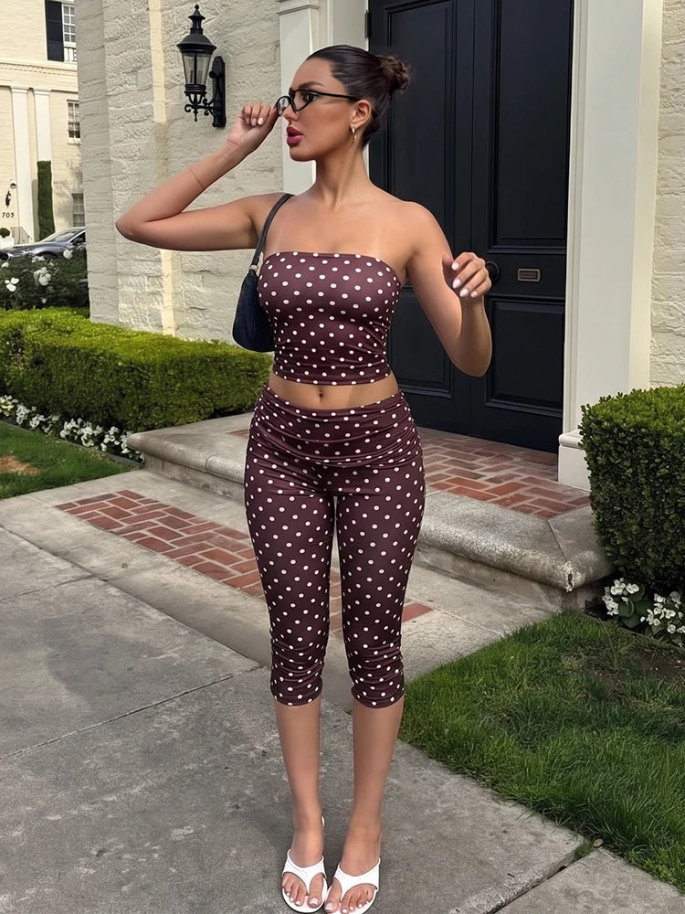 Women Simple 2-Piece Set Polka Dot Print Tank Top+Folds Elastic Waist Short Elasticity Chic Classic Summer Sreetwear