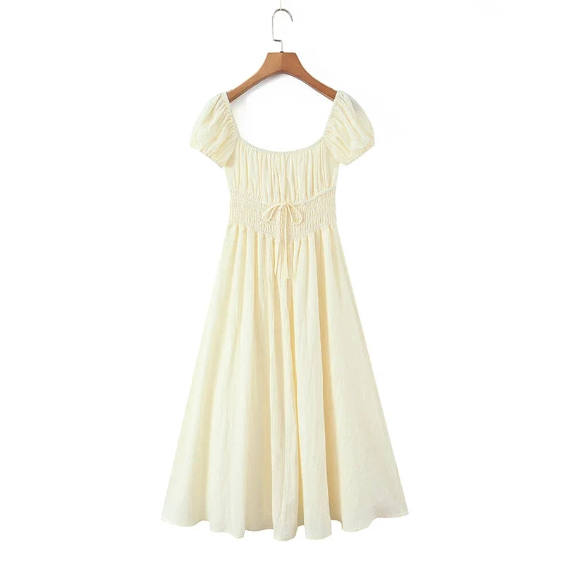 Vacation Style Casual Summer Dresses 2026 Women Square Neck Short Sleeve A-line Midi Dress Solid Robe