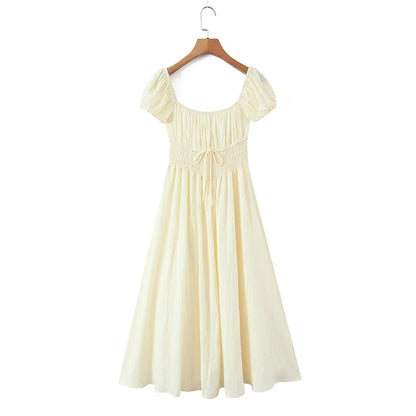 Vacation Style Casual Summer Dresses 2026 Women Square Neck Short Sleeve A-line Midi Dress Solid Robe