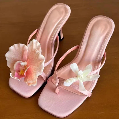 Sweet Summer Bright Color Asymmetrical Flower Decoration Sandals Silk Clip Thin Heel Flip Flops Casual Beach Vacation High Heel