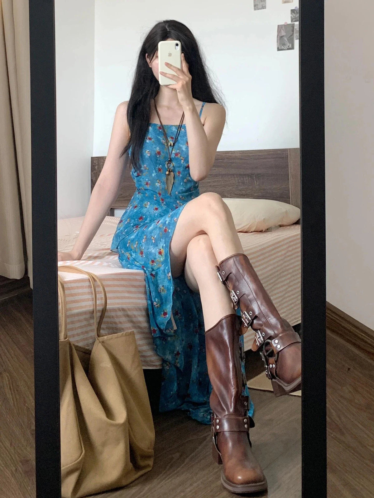 Summer Vacation Floral Print Off-Shoulder A-Line Dress Women's Irregular Hemline Slimming Long Dress Korean Style Casual Wear