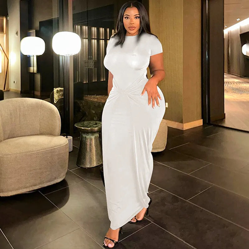 Twist Front Knot Crew Neck Short Sleeve Ruched Bodycon Maxi Dress
