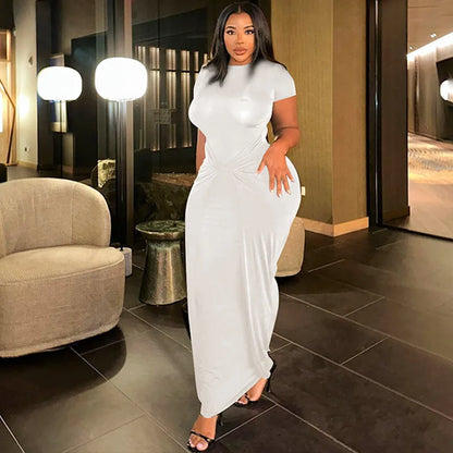 Twist Front Knot Crew Neck Short Sleeve Ruched Bodycon Maxi Dress
