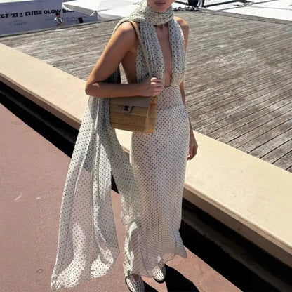 Spring and Summer New Halter Polka Dot Neck Temperament Long Dress Banquet Fashion Dress