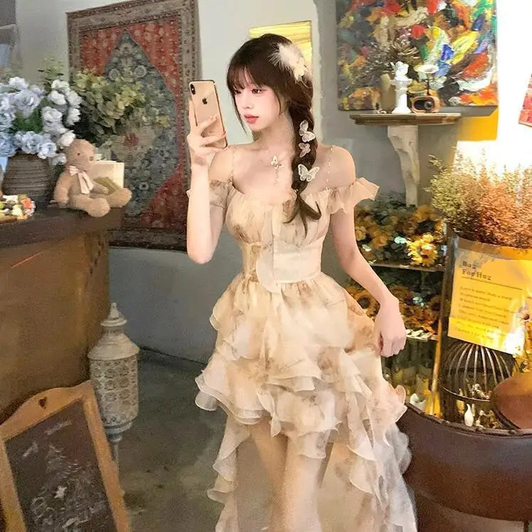 Irregular Romantic Dress Halter Floral Figure Flattering Puffy