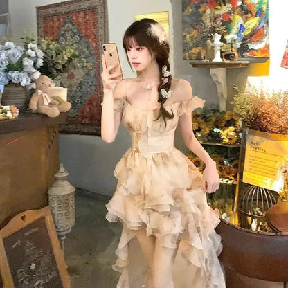 Irregular Romantic Dress Halter Floral Figure Flattering Puffy