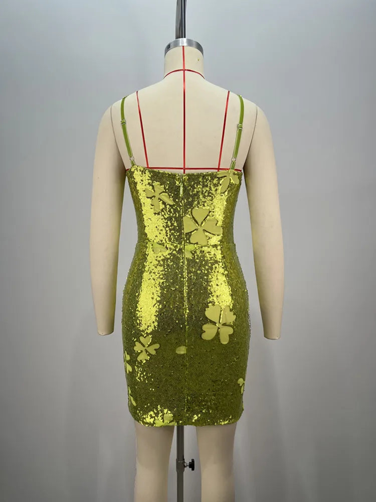 Sequin Butterfly Applique Halter Neck Bodycon Mini Dress