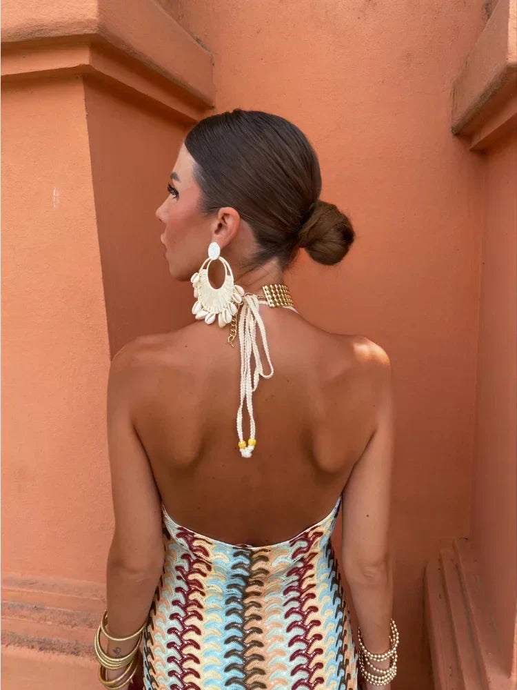 Halter Deep V Crochet Wave Pattern Column Maxi Dress