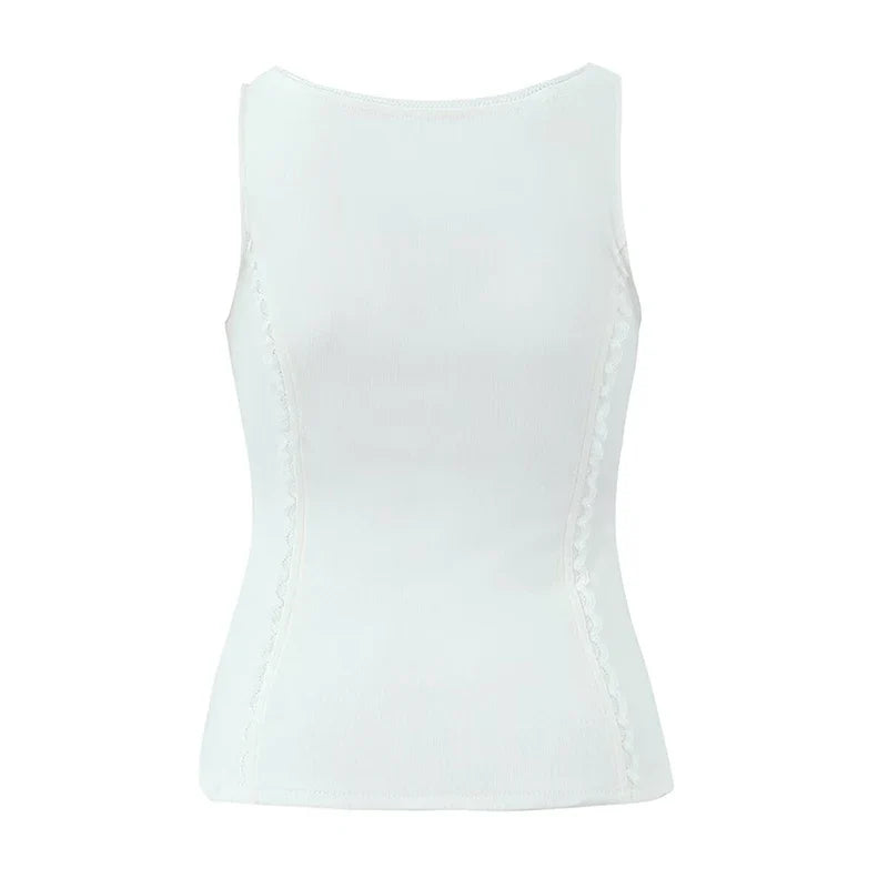 Red White Slim Tank Top Women Sleeveless O Neck Lace Spliced Summer Crop Top Streetwear ropa de mujer