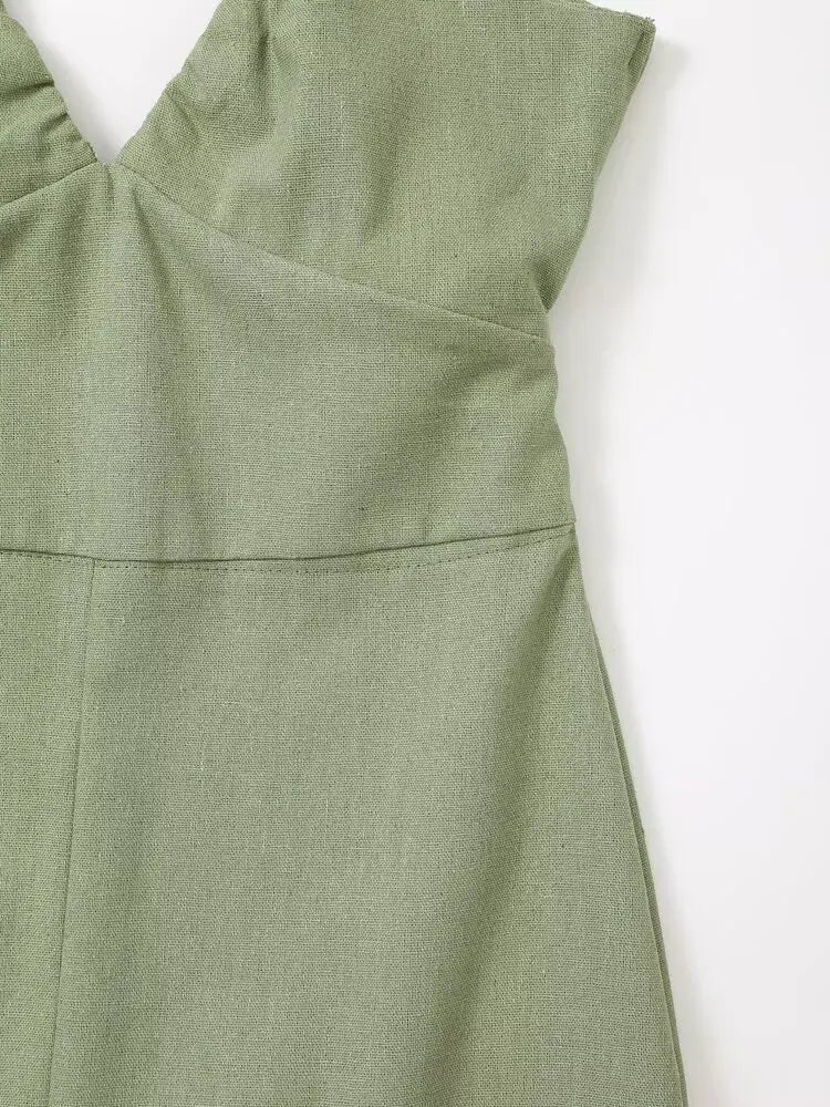 V-neck Green Slip Sexy Backless Dress For Summer Slim Slit Vacation Beach Long Dress Cotton Linen Blend Woman Clothing