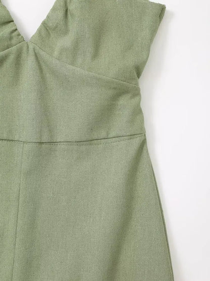 V-neck Green Slip Sexy Backless Dress For Summer Slim Slit Vacation Beach Long Dress Cotton Linen Blend Woman Clothing