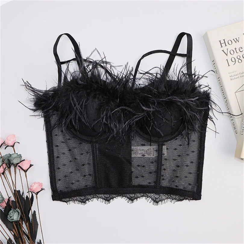 Summer New Women Mesh Lace Feather Camisole Bustier Bra Cropped Tops Beading Fishnet Hot Diamond Sexy Sleeveless Vest Slim