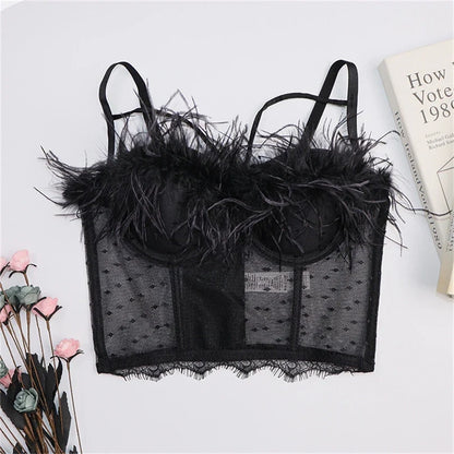 Summer New Women Mesh Lace Feather Camisole Bustier Bra Cropped Tops Beading Fishnet Hot Diamond Sexy Sleeveless Vest Slim